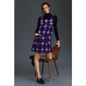 NEW Anthropologie Carleen Purple Navy Plaid Snap Front Pocket Mini Dress Medium